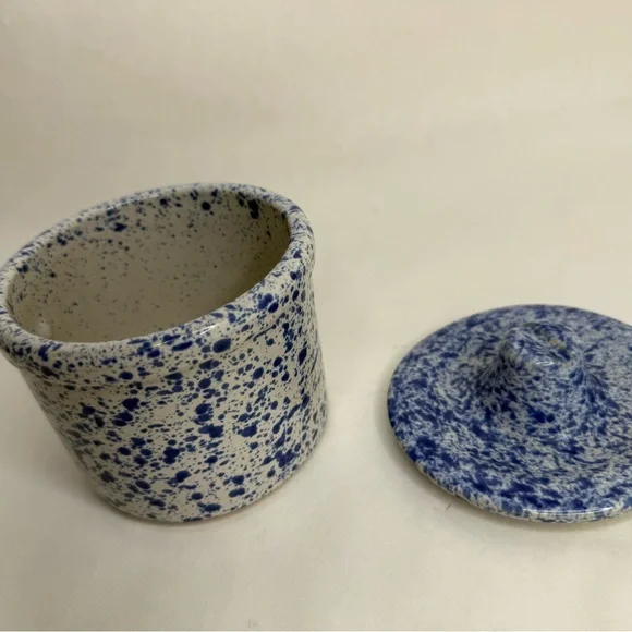 Speckled Blue and White stoneware Crock for Storing Butter and Cheese - Picture 3 of 6